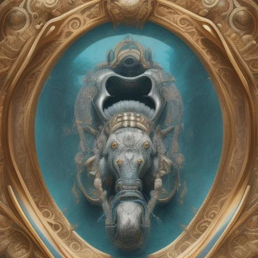 fantasy magic, sharp focus, illustration, highly detailed, digital painting, concept art, matte, art germ and Paul Lewin and Kehinde Wiley, masterpiece silver elephant rabbit head bronze turquoise golden waves