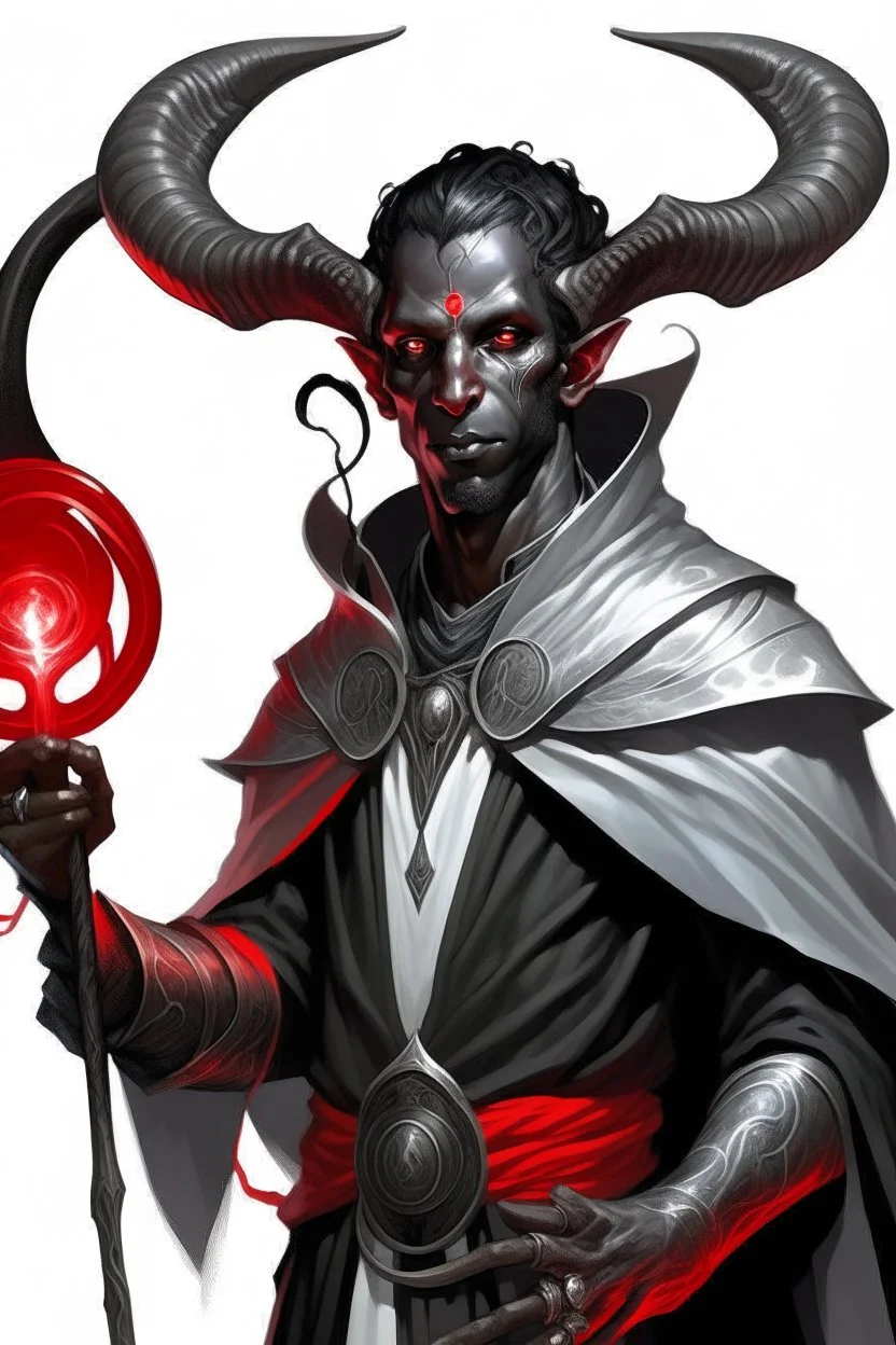 En Young male black skin black hair tiefling Wizard with large horns fra dnd. a book with Arcane Magic floating in front of him. in a silver and White Rope and a silver cloak. His horn a perfectly place on acet from the front to the back pointing upwards with glowing Red cat Eyes. His close is elegant get simple. Casting and ice spell