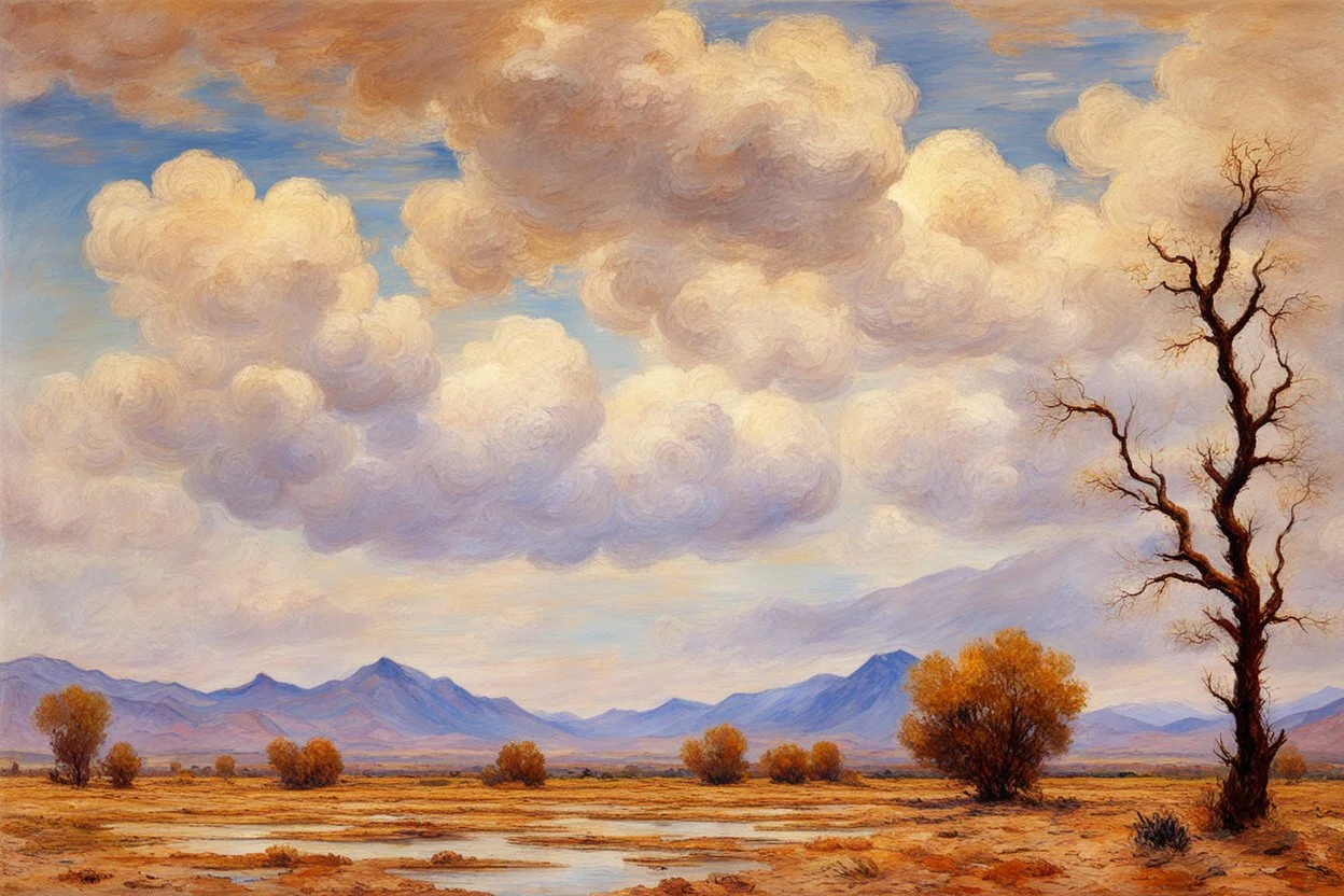 clouds, arid land, distant mountains, dry trees, pond, claude monet impressionism painting