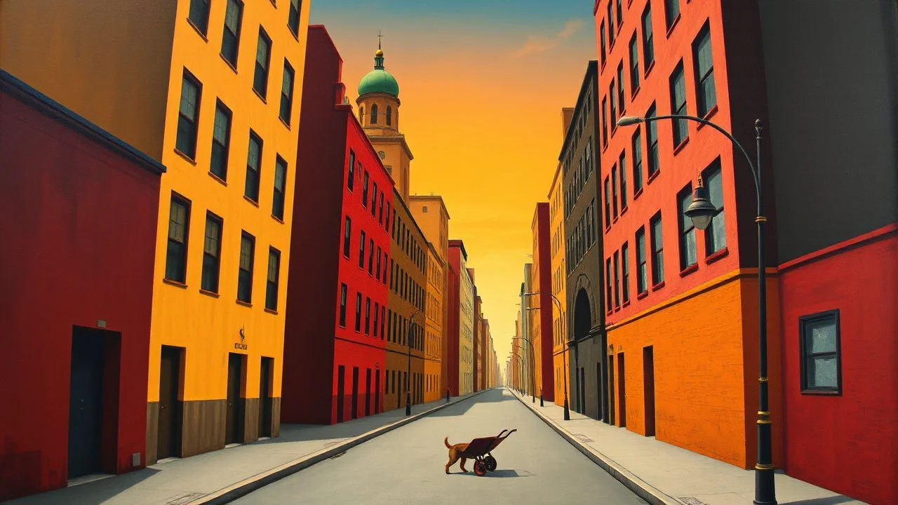 Surrealist painting depicting an urban street scene with a distorted perspective. The layout features a narrow street flanked by tall, angular buildings with exaggerated, leaning facades. The buildings are painted in vibrant colors, primarily reds, yellows, and browns, with a prominent green dome atop one structure. The street is populated with various objects, including a dog, a wheelbarrow, and street lamps with elongated, curved poles. The sky is painted in a gradient of warm colors, suggesti