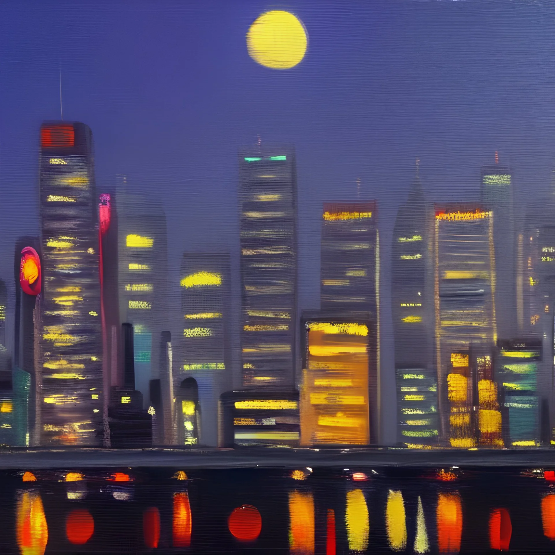 There is a full moon over the tall buildings in Seoul, night scene. Oil painting.