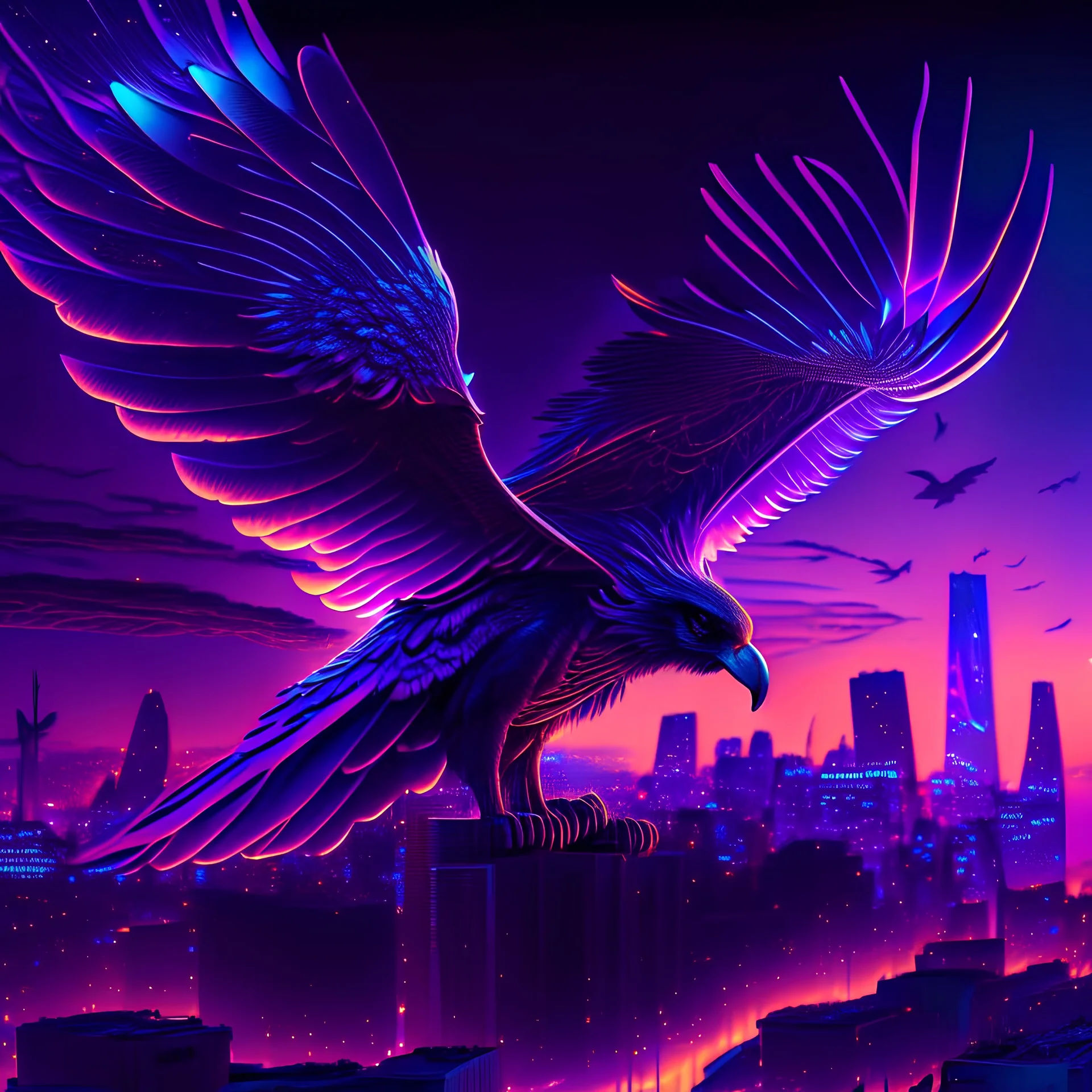 ((( a neon purple majestic Phoenix, wings spread out over the skyline of San Diego during the blue hour, with a strong focus on the details of the phoenix's body and quality of 64k resolution))) ((((masterpiece, good quality, intricate details))))