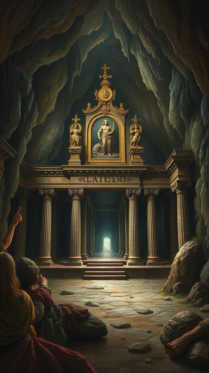 Bosch painting style , An amazing temple with a great status all around in un underground dark cave