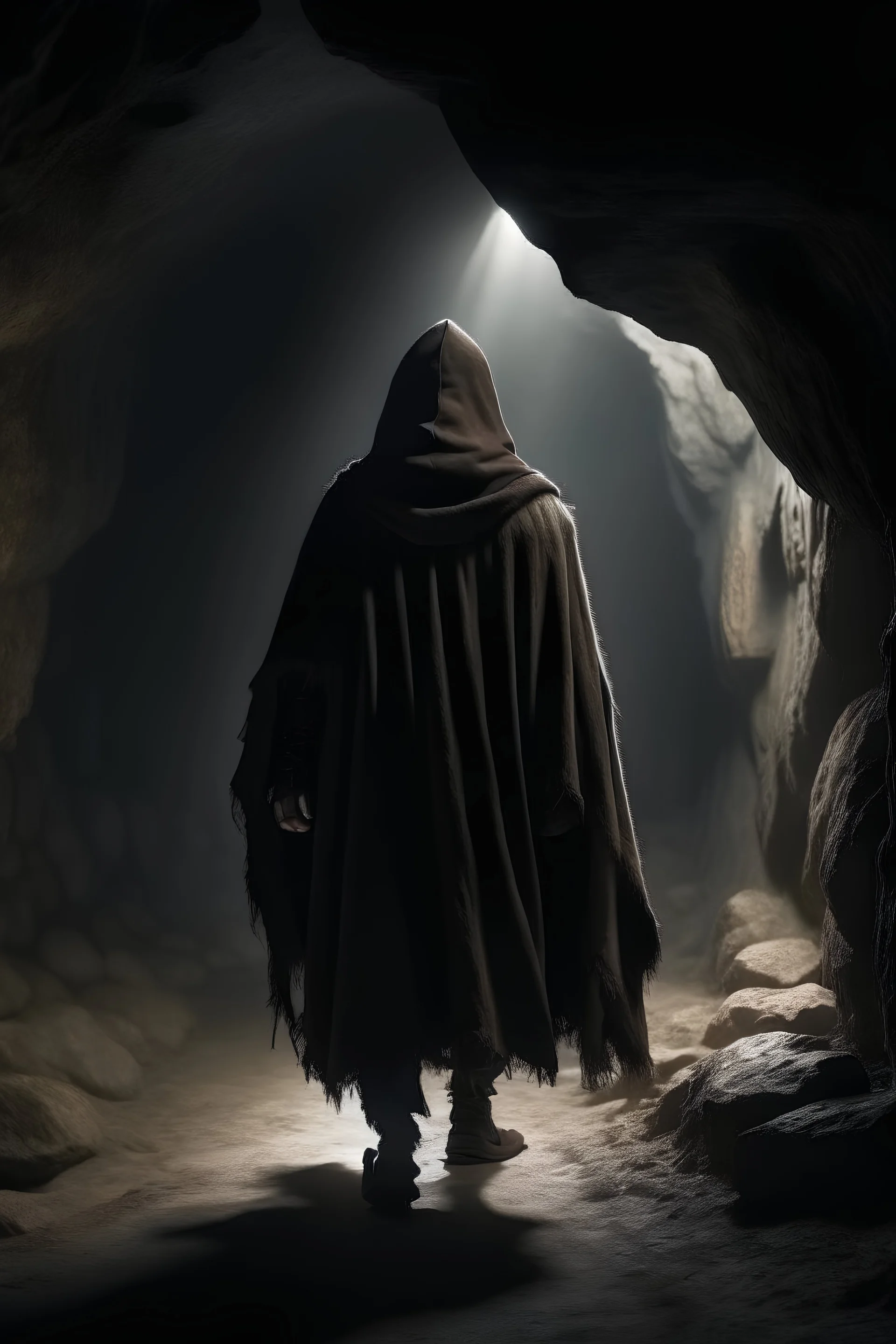 a man in the Middle Ages in a long cloak and hood walks through a dark cave with his back to us