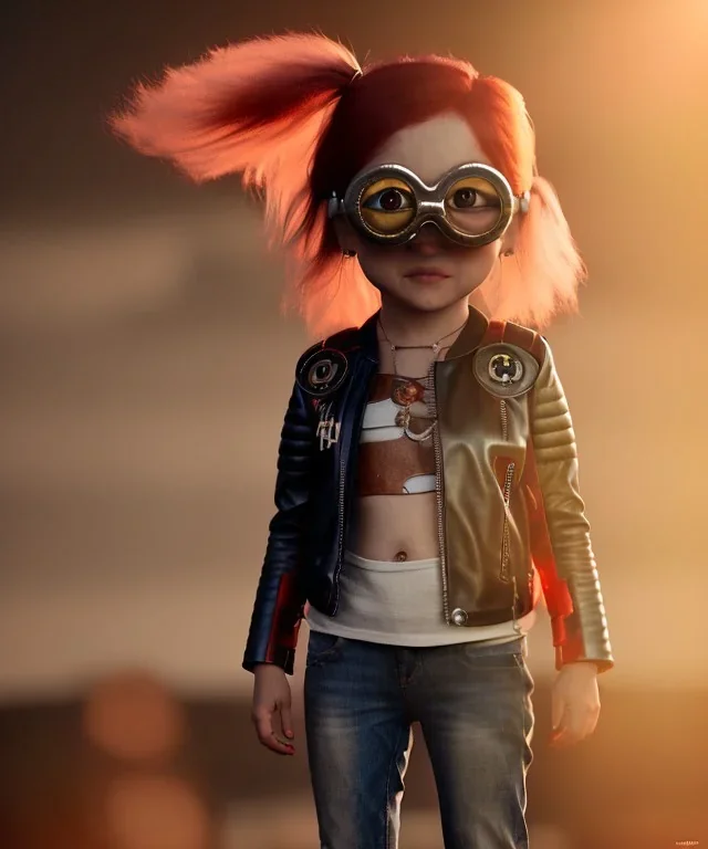 Female Minion toddler, steampunk, full body, red hair, leather jacket, dramatic lighting, hyper realistic