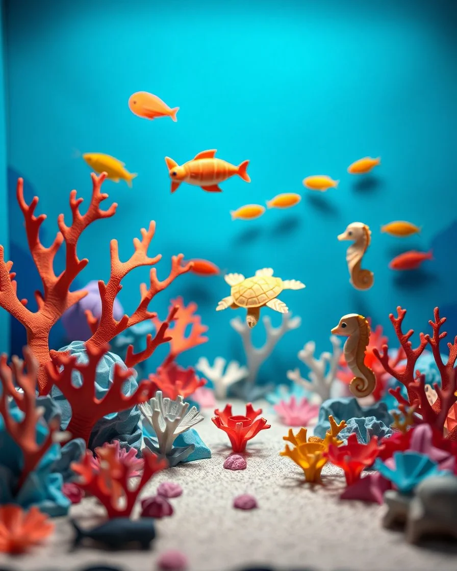 An [origami] scene of [a coral reef with sea turtles, fish, seahorses], use studio lighting and add depth of field.