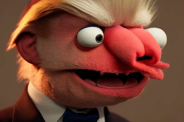 Angry muppet trump in suit, no tongue, looking forward, face, small nose