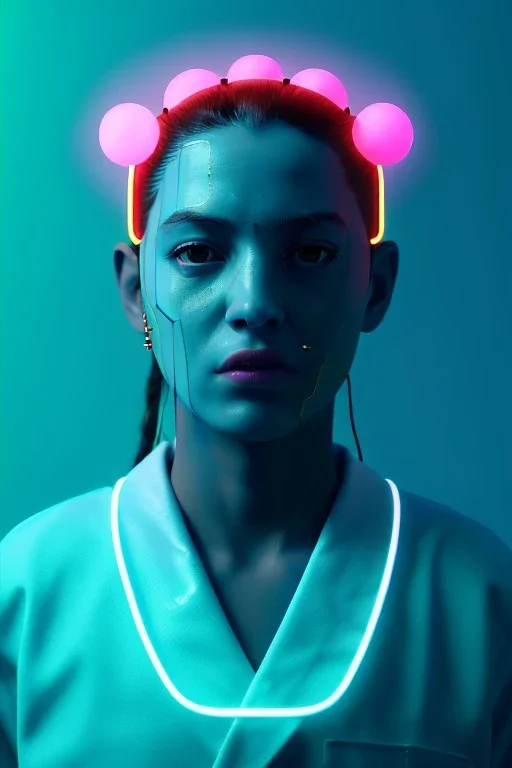 Ultra Realistic image, Rosalía artist, waist up portrait, black eye line, angry face , gold, blue, geisha style, pink spray line make up, geometric, led lights, neon, rings piercing, led ornament, fog, bubble latex coat, vibrant color, highly detailed, art stations, concept art, smooth, unreal engine 5, god rays, ray tracing, RTX, lumen lighting, ultra detail, volumetric lighting, 3d, finely drawn, high definition, high resolution.