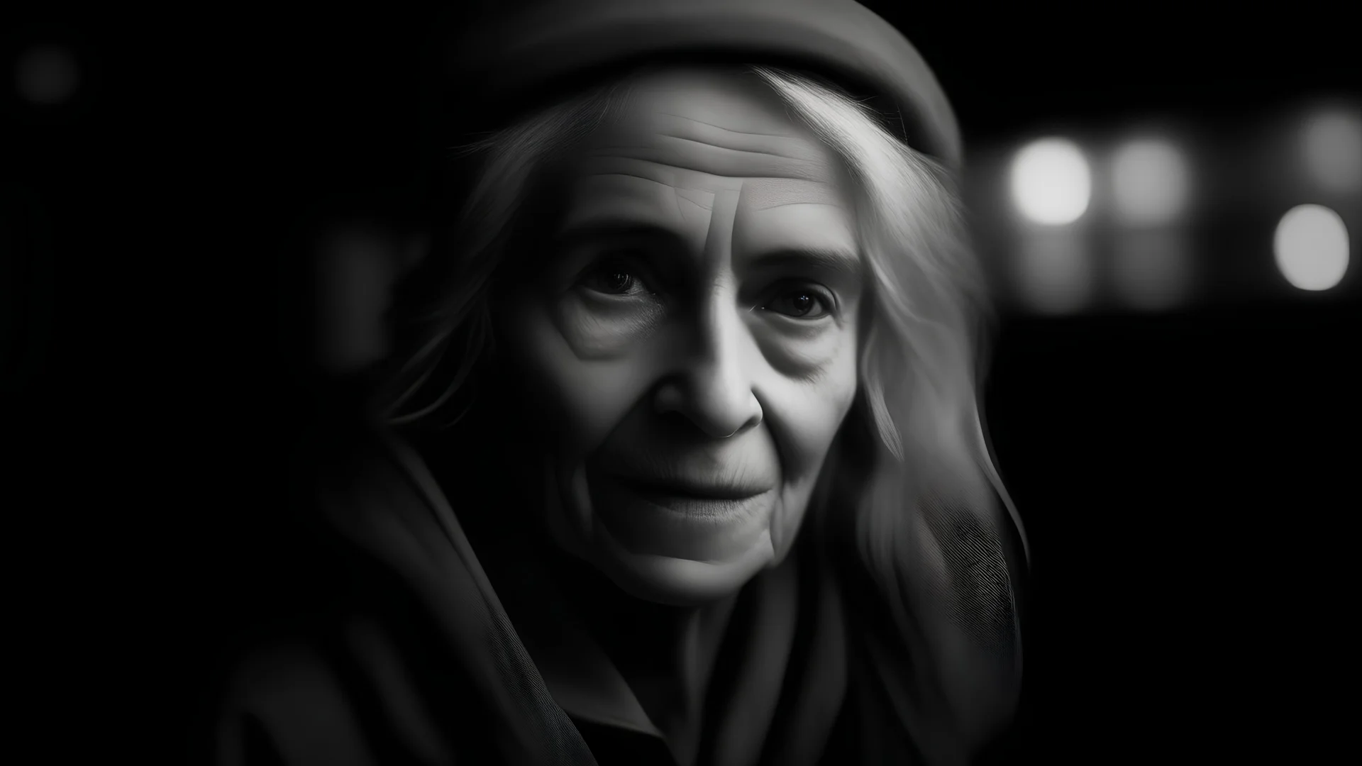 black and white very close up portrait of old homeless white woman in a distopic city night panorama, cinematic fill light, 80 mm lens with blur intricate details, HDR, beautifully shot, hyperrealistic, sharp focus, perfect composition, high contrast, cinematic, atmospheric, moody