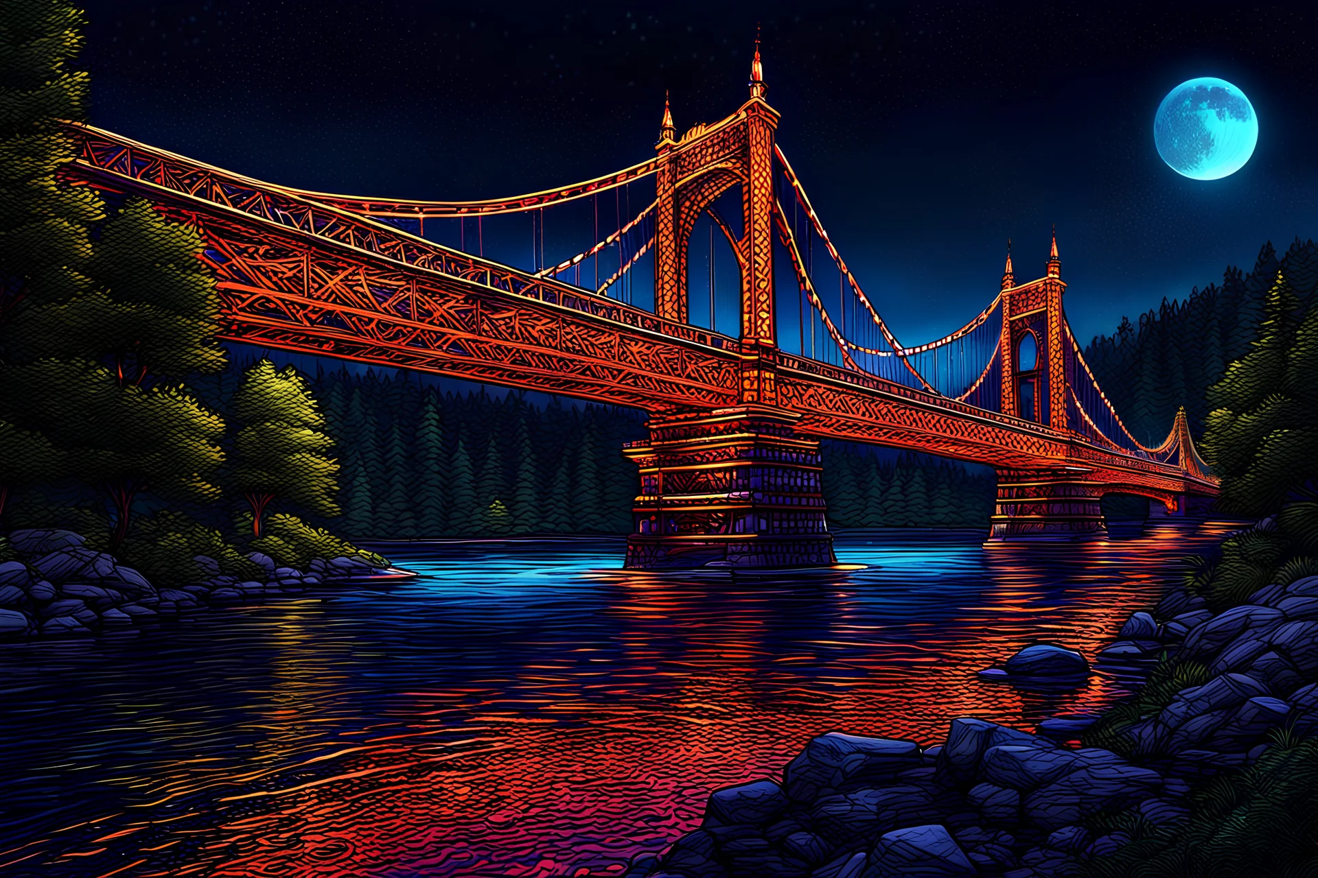 The Sarp Bridge at night :: 8k 3D, hyperdetailed , intricately detailed , Unreal Engine 5, maximalist , airbrush art , pencil sketch , mixed media , radiant , triadic colors , award winning, crisp quality, HDR, cel-shaded, centered