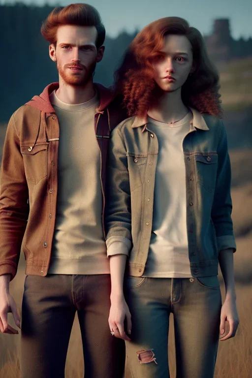 Jeune couple, visages hyper détaillés, réaliste. Fille rousse aux cheveux raides et longs, garçon grand, musclé aux très longs cheveux bruns très bouclés. Fille jean pull, garçon tenue de bûcheron.