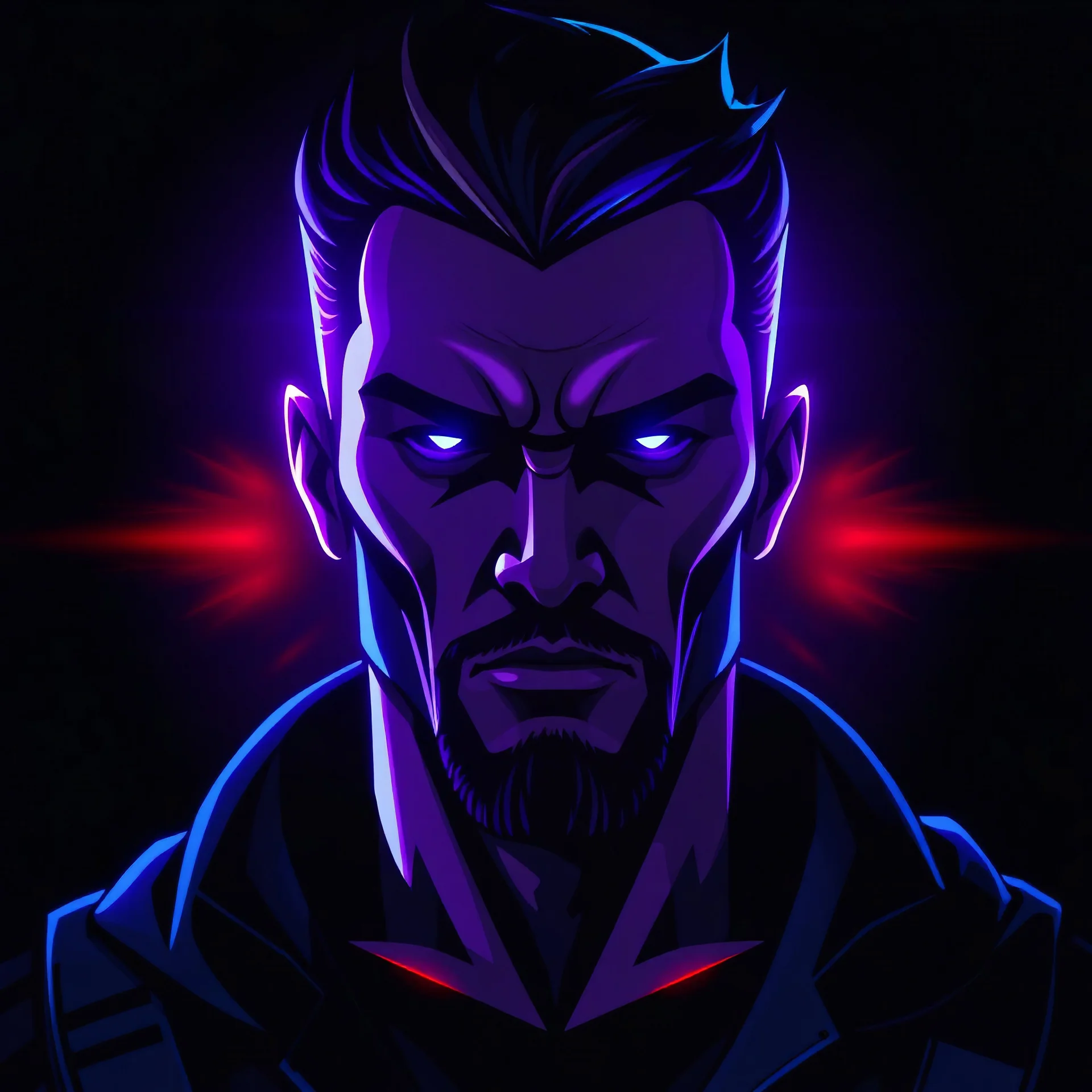 A stylized gaming profile picture conveying masculine strength, calm, and authority. An abstract yet recognizable face or upper-body figure glows brightly with neon violet, blue, and red light. Bold violet accents, deep blue shadows, and vivid red flashes stand out against a dark backdrop. Majestic and intense, radiating peace and controlled power. High contrast, glowing highlights, digital art style, realistic proportions, no comic/cartoon style.
