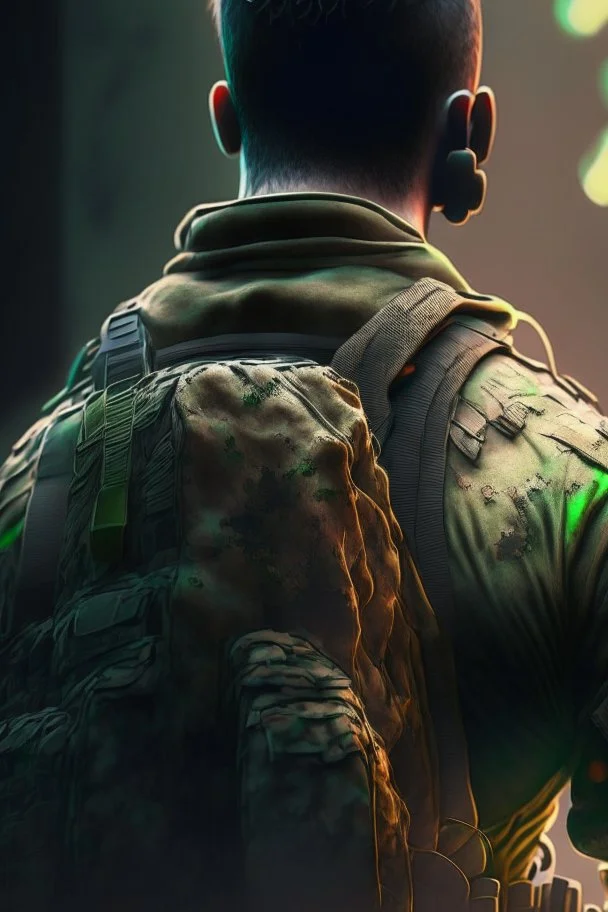 photorealistic back of a soldier, hyperdetailed painting, luminism, Bar lighting, complex, od green miltary, 4k resolution concept art, Artgerm, WLOP, Alphonse Mucha, 3d render, octane render, intricately detailed, cinematic, awesome full color, hand drawn, dark, gritty, cinematic, buckeye burl