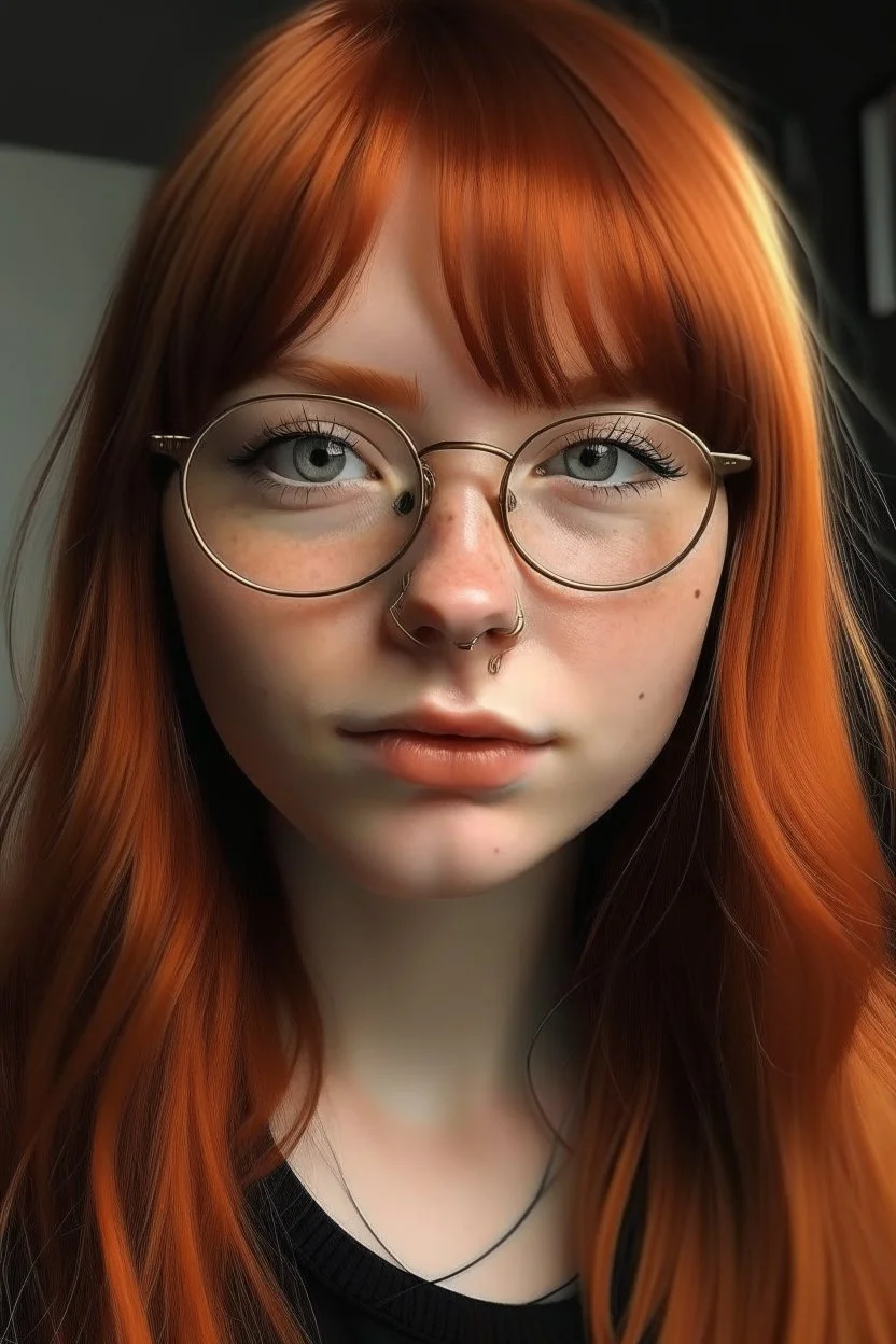 girl with ginger hair in a fringe with glasses and a septum piercing and a giant forehead