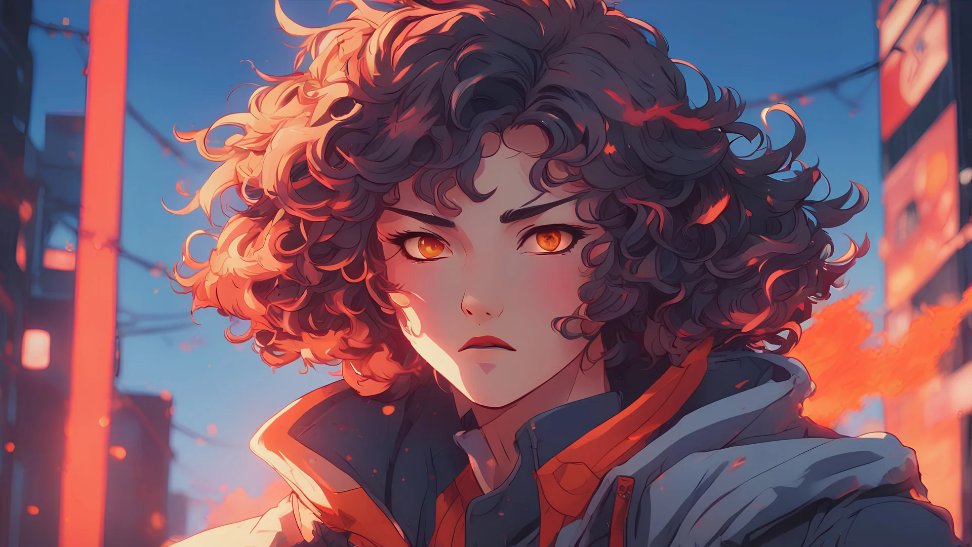 (90s anime style)) Huntress with blow out fade curly haircut, close up, fiery eyes, 8K HD, modern anime movie still frame, epic vibrant composition, reference to artists like Hiroyuki Imaishi for dynamic and vibrant compositions, Makoto Shinkai for detailed backgrounds and lighting, Ukiyo-e inspired color schemes for depth and atmosphere, dynamic perspective, detailed environmental textures, atmospheric effects, vivid and balanced color palette, Hiroyuki Imaishi's signature kinetic energy and bo