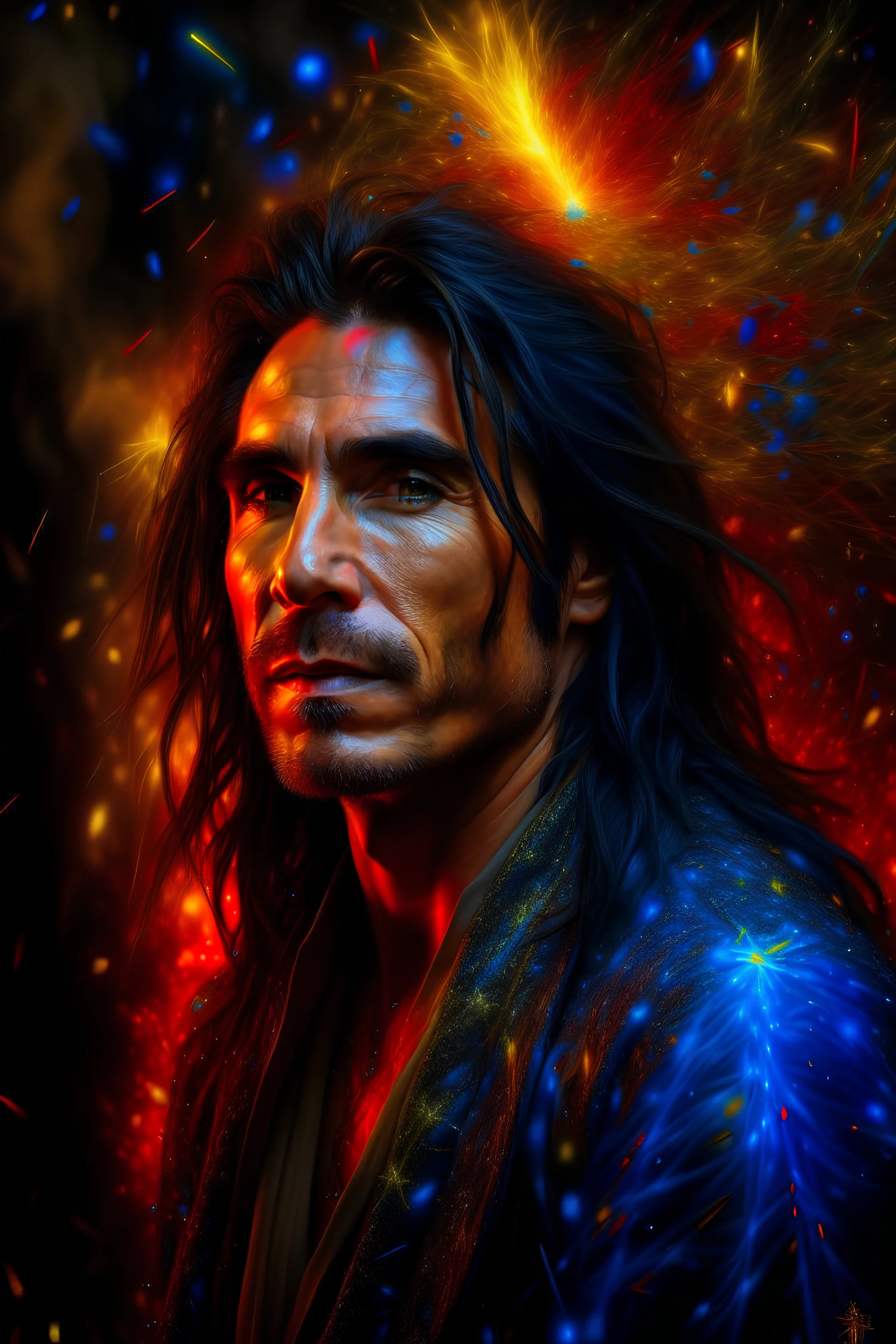 fire, lightning, wind, rain, volcanic lava, fireworks, explosions, multicolored neon lights, Paul Stanley/Elvis Presley/Keanu Reeves hybrid in the art style of Leonardo De Vinci, oil paint on canvas, 32k UHD, hyper realistic, photorealistic, realistic, life-like, extremely detailed, extremely colorful, sharp beautiful professional quality,