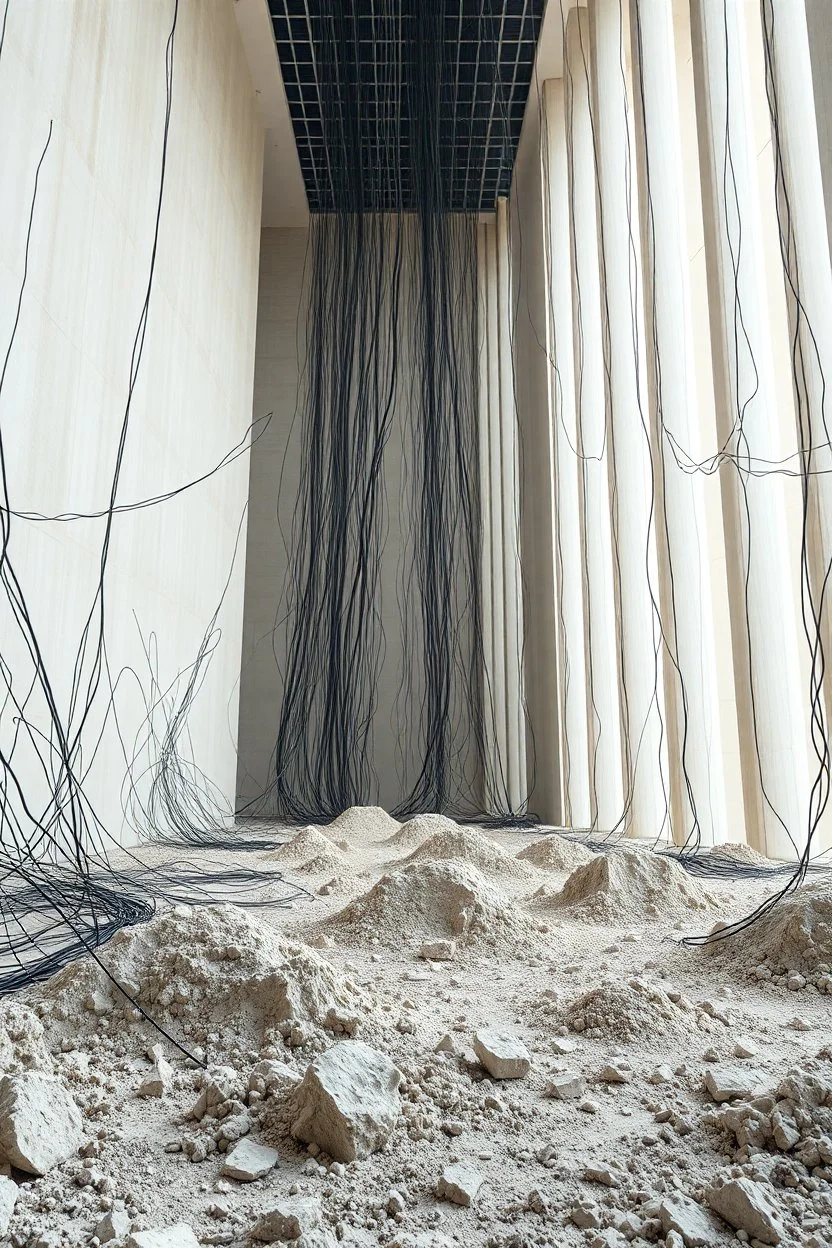Photograph, a mass of wires, giant museum space, building, pillars, high walls, schermi di computer, high towers in a room, sediments, deflagration of the background, light, architecture, minimalist, details of the terrain very accentuated, 8k, deep 3d field, sharp, brutalist, hasselblad h6d400c --ar 85:128 --v 6.0
