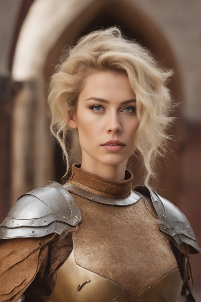 A beautiful woman with blond hair. Brown leather armor.