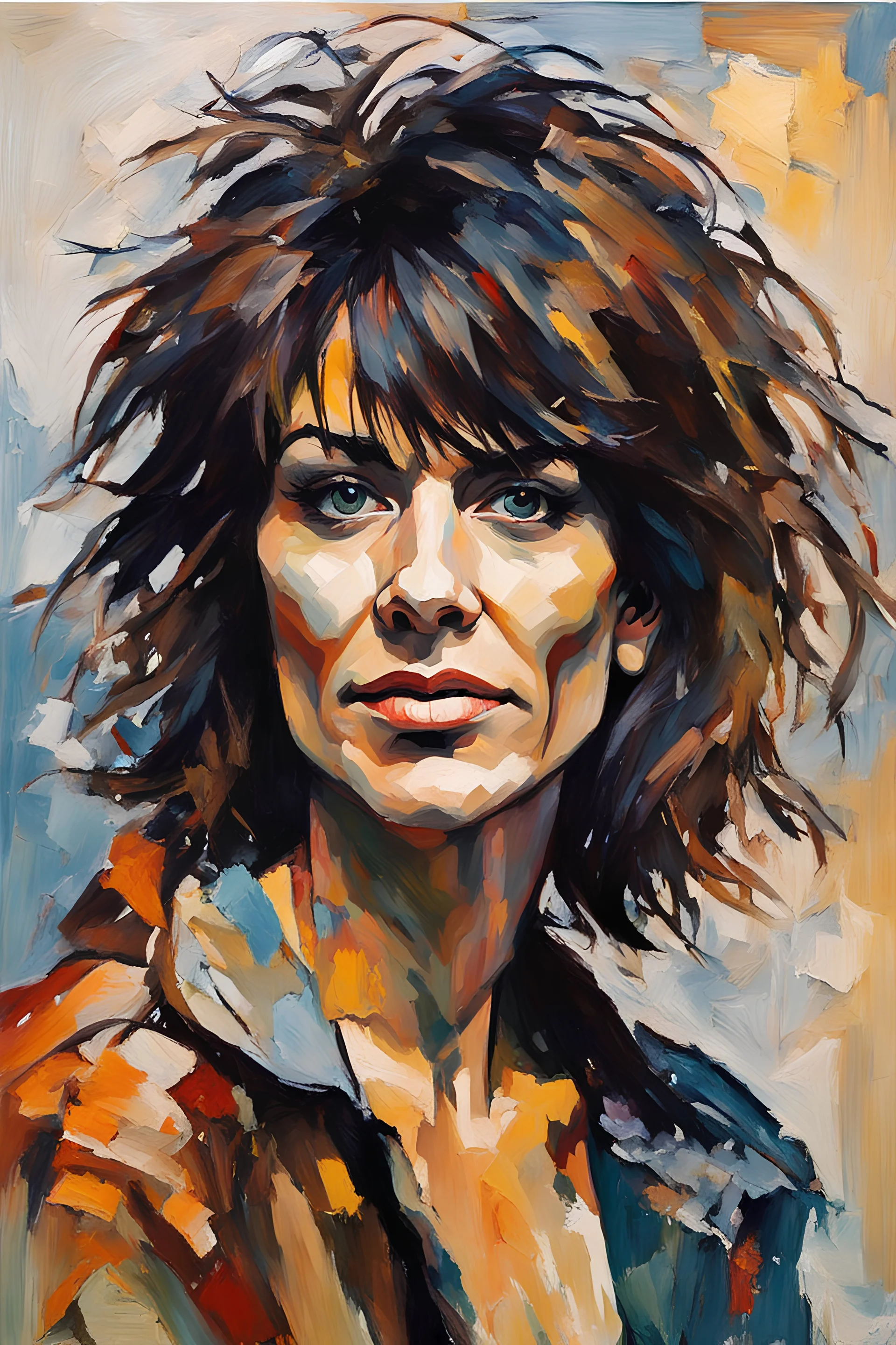 palette knife portrait of Chrissie Hynde in the Expressionist style of Egon Schiele, Oskar Kokoschka, and Franz Marc, highly detail hair and facial features, in muted natural colors