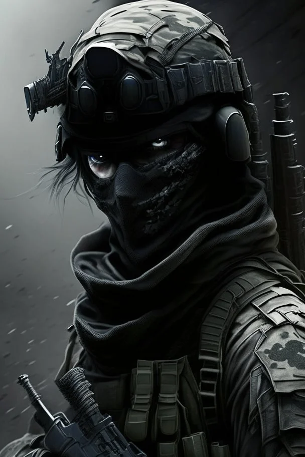 A soldier in the game modern warfare, he wears a solid black creepy helmet that covers his face. He is a sniper, but can also run point. His call sign is Wraith. With him is a woman