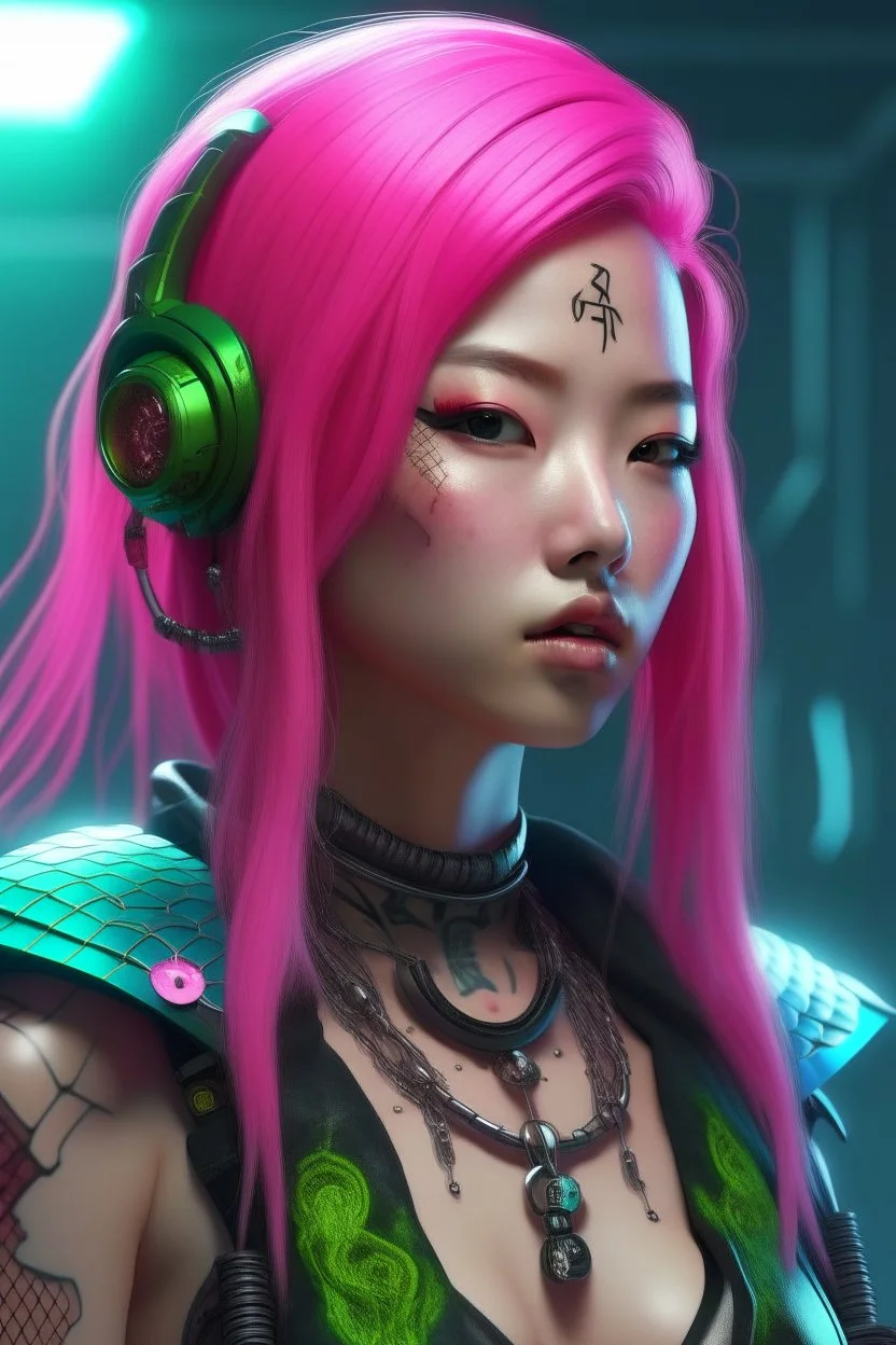 asian mermaid cyberpunk some scales on face pink hair