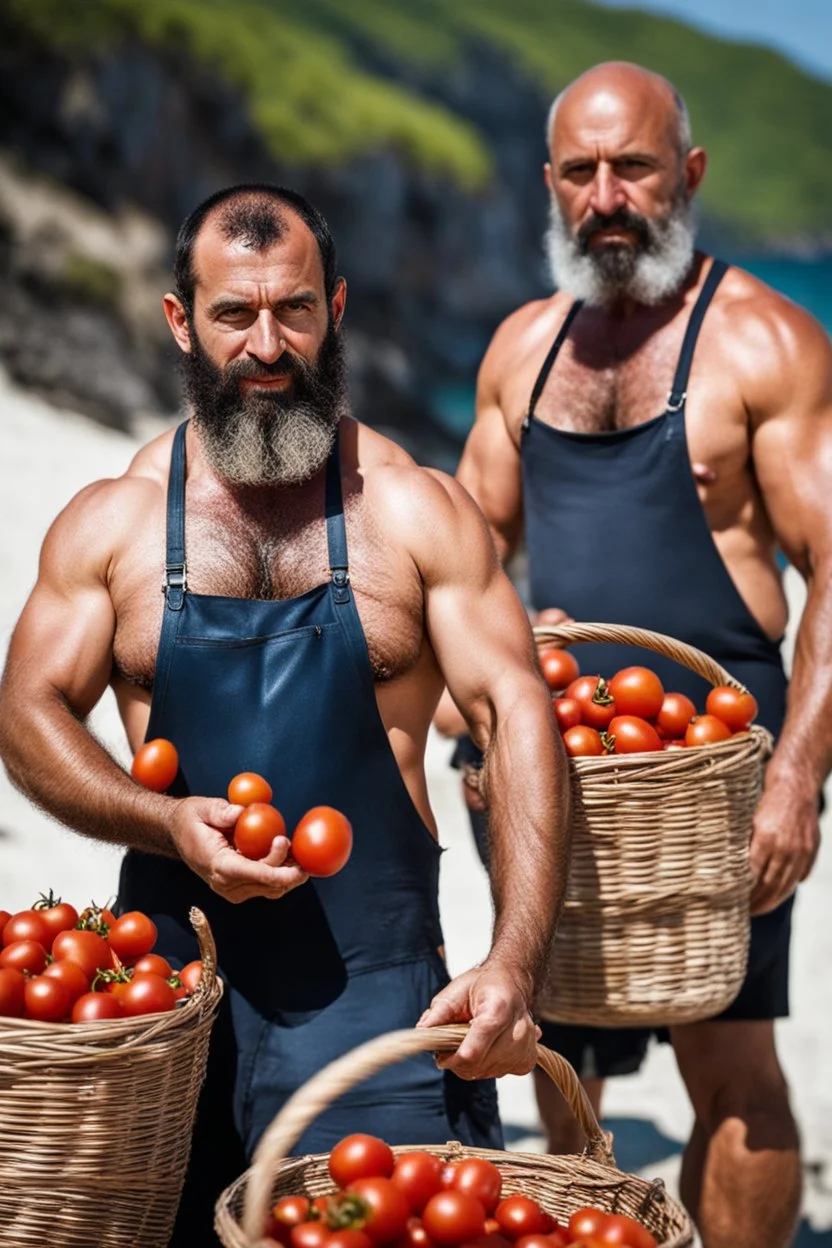 extreme close up shot photography of two tired strong muscular beefy hairy burly 39 years old ugly turkish carpenters, short beard, shaved hair, shirtless, manly chest, bulging white shorts, tired eyes, walking on the beach in the sun holding tomatoes baskets, big shoulders, side light, sweat and wet, ground view angle