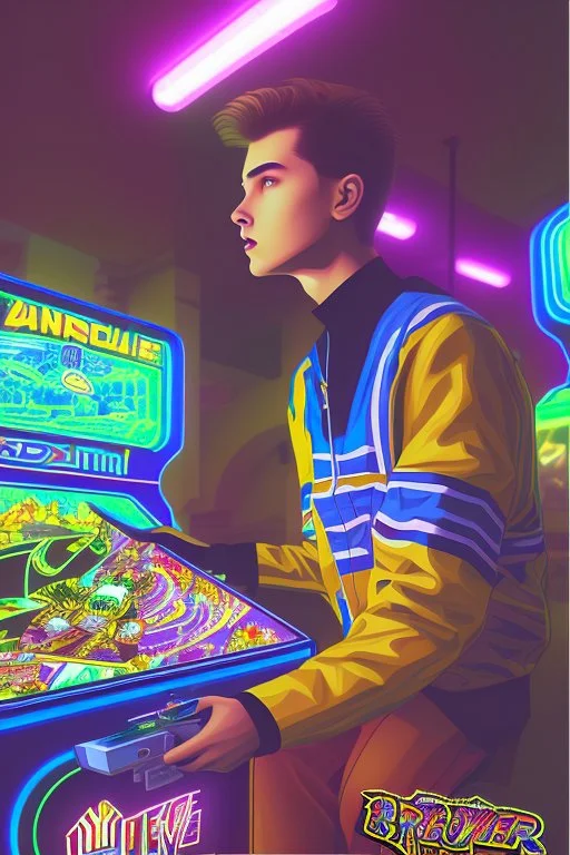 a millineal teenage boy is playing video arcade games, bright colored clothes from the 90s, hairstyles of that time, comic style