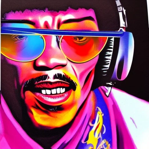 a realistic portrait of Jimi Hendrix at a turntable with headphones on being a DJ, vivid color, with sunglasses