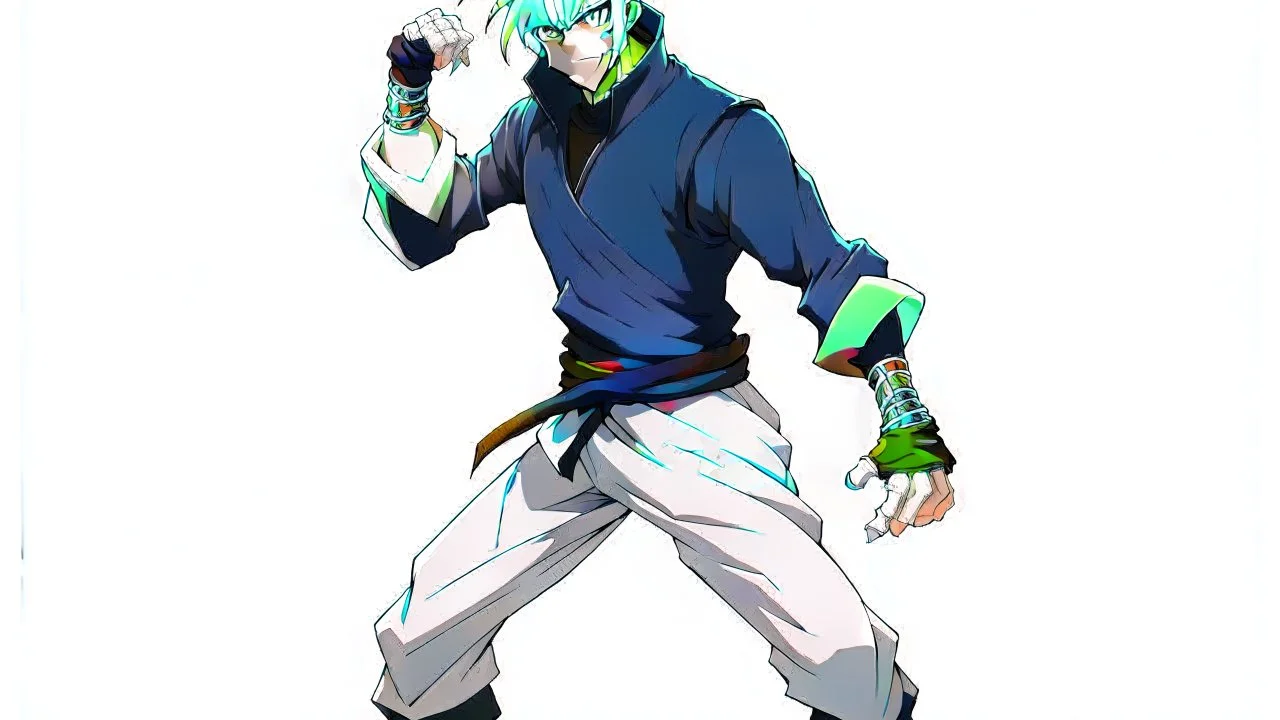 Satoru Gojo is a young guy white hair blue eyes black turtleneck without arms white loose pants in a defensive pose