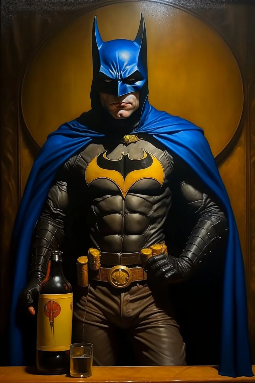 1970's dark fantasy cover dnd style oil painting of the drunk batman with sport outfits with minimalist far perspective. Magazine.