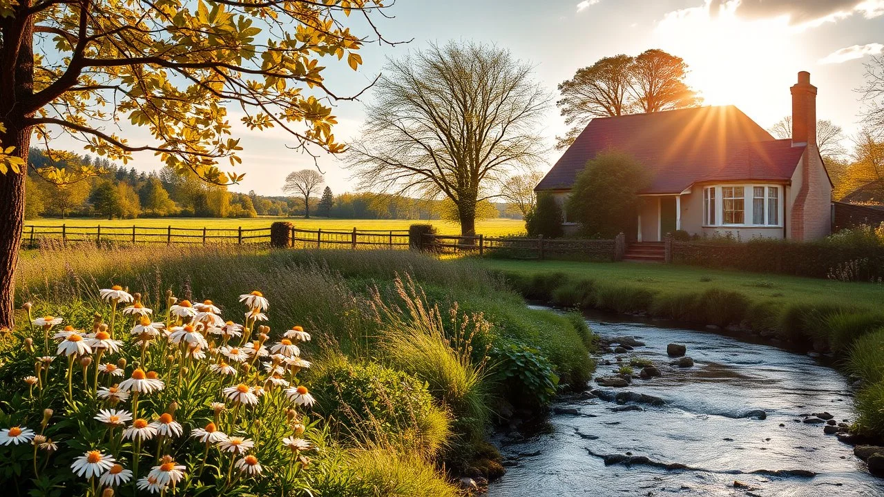 Beautiful realistic rural landscape, warm sunshine, lush plant growth, flowers, brook, peaceful, delightful, idyll, award-winning photograph, detail, beautiful composition, attractive colour, chiaroscuro, rule of thirds, arts-and-crafts house