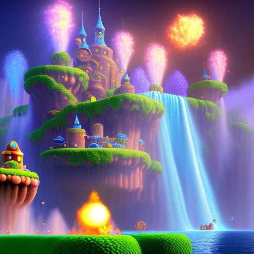 New map by super mario 3d land with waterfalls, 3d, high detail, symbols, 4k, ray traing, render, future punk, steam punk, magic in blue colors, no other place