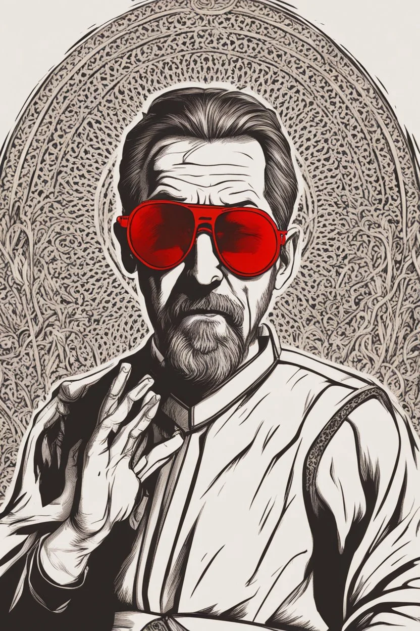 judgmental priest wearing red sunglasses who looks like Hans Gruber