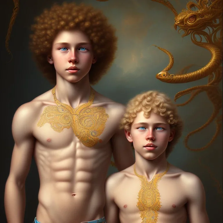 intricate, sharp focus, highly detailed, digital painting, Paul Lewin and Kehinde Wiley, full body image of a beautiful 12 year old boy with long, blonde curly hair and light blue eyes, smiling, shirtless, in front of an distant beach