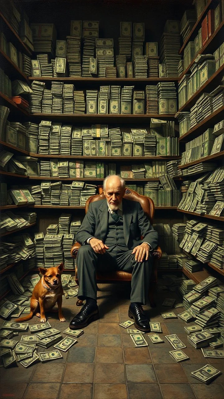 Bosch painting style nightmare, a rich man surrounded by a walls of money on the shelfs , sitting alone with his old dog