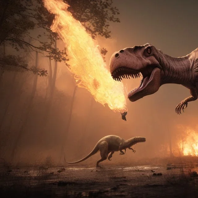 huge tyrannosaurus rex Giant dinosaurs falling down, being killed by fire wind, ripping flesh off them, swamp, small animals dieing