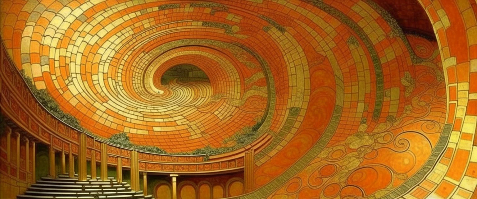 A grayish orange swirling coliseum designed in ancient Greek pottery painted by Gustav Klimt