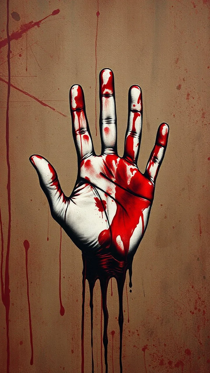 Bosch style painting , inside a bloody hand print on a bloody wall