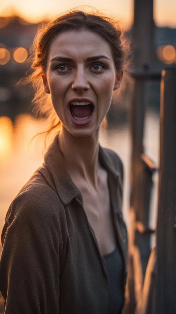 portrait on a bridge at sunset, a more intense "scream" that looks like the original painting by Edvard Munch, bokeh like, down-light, unreal engine, prize winning