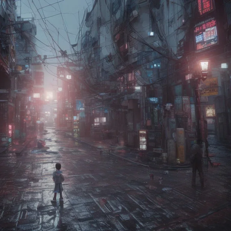 ciberpunk, big street empty tokyo, children lost, rain, intricate, xtreme detailed, 4k, unreal engine 4