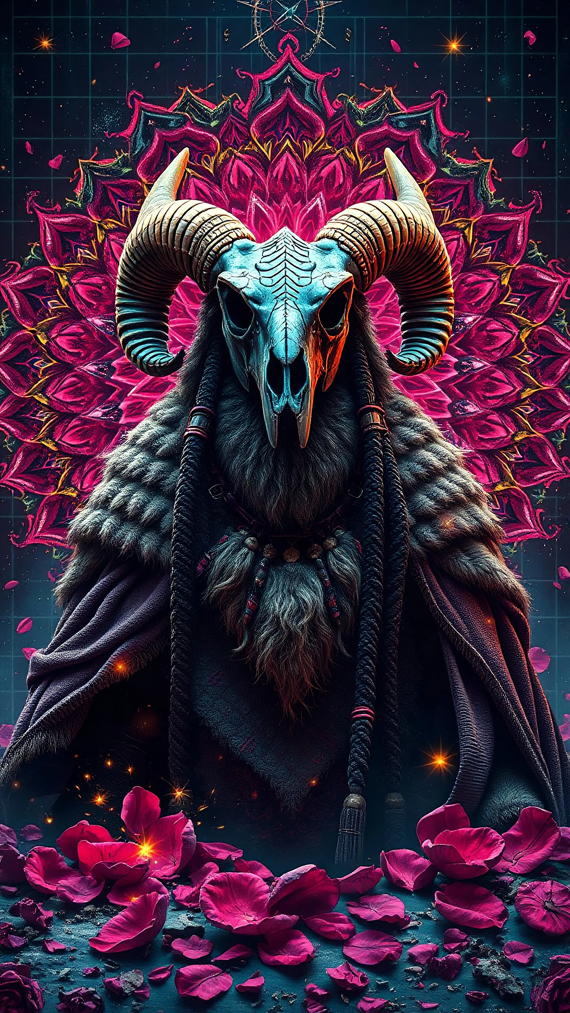 ground level view, gambar kompleks yang berantakan, kacau, lusuh, glossy psychedelic distorsi glitch neon, seorang pria perkasa yang memakai aksesoris penutup tengkorak kepala naga, jubahnya berbulu domba yang lebat, memakai aksesoris seperti kepala suku pedalaman,latar belakang fraktal mandala kelopak mawar dan dikelilingi berbagai macam elemen horor, berbagai macam grid dan garis, menyala, berdebu, percikan api. Uhd, 18k