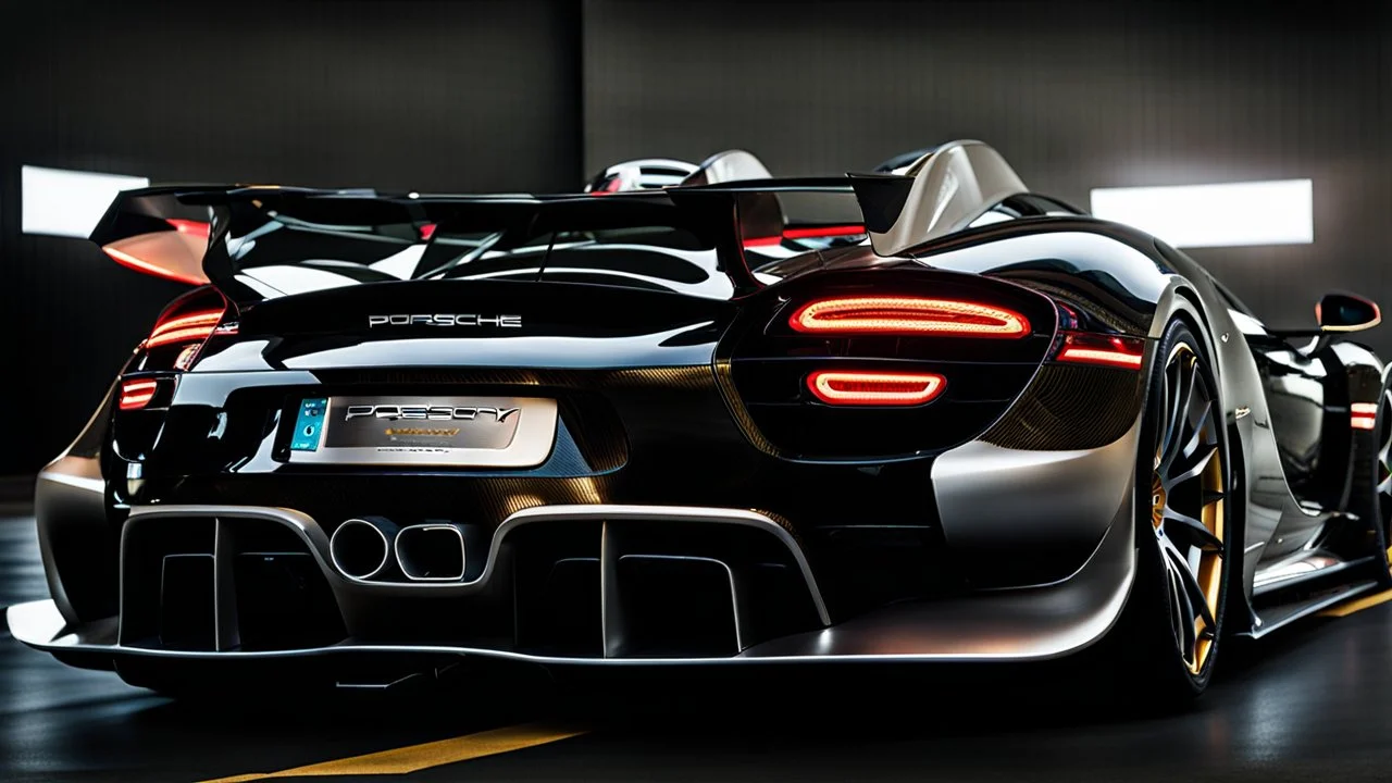 Rear View A stunningly realistic (((porsche veyron 918 x mansory))), intricate detail and perfection in every surface, glimmering metal and luxurious contours, a (perfect model) for a desktop wallpaper fit for high resolution screens, evoking a sense of futuristic elegance in a (4K cinematic atmosphere).