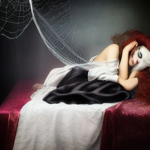 woman asleep on satin pillow with spiderwebs on face and mascara running down face, gothic, 8k, high-quality, fine-detail, intricate, sharp, crisp, digital art, detailed matte, illustration, octane render, brian froud, howard lyon, Anne Dittman, Anne Stokes, Lisa Parker, Selina French