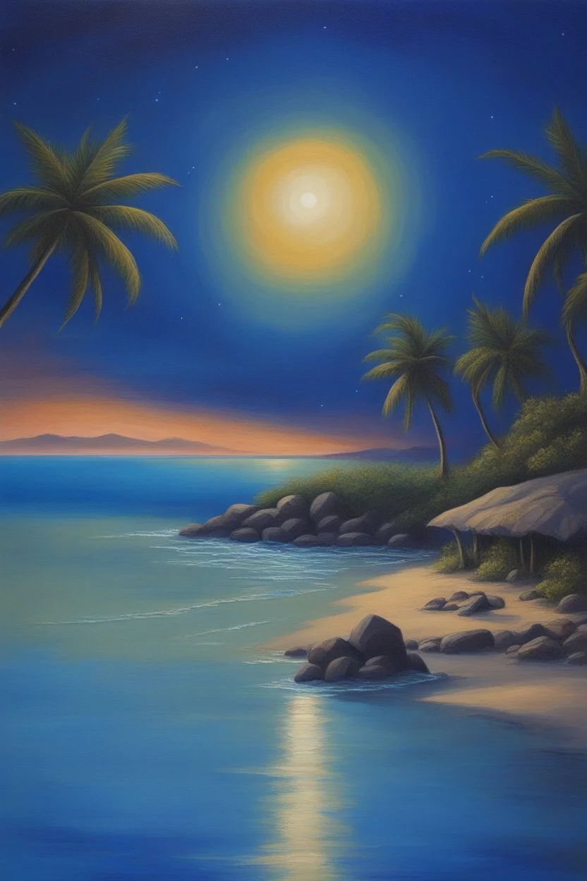 The beach of the island of Leela its waters are full of blue stars illuminated by blue light Oil painting