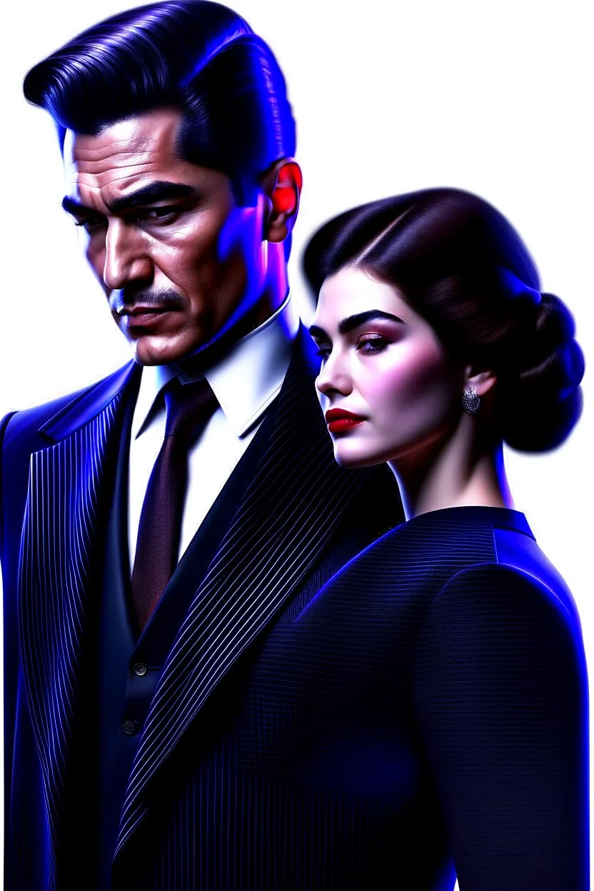 The cover features a stunning, hyper-realistic photograph with a sharp focus on the detailed attire of the mafia boss—a tailored suit exuding power and sophistication. Beside him stands the beautiful girl, her gradient lips and rosy cheeks captured in exquisite hyper-realism, their expressions evoking emotions of passion and depth. The white background accentuates the characters' striking appearances and the fine details of their outfits, creating an aesthetic contrast.