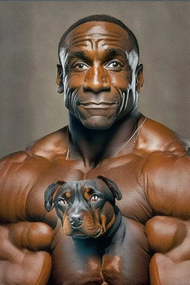 Bodybuilder Lee Haney with the face of a Rottweiler dog