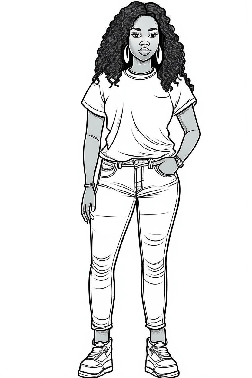 full body, black curvy woman, wearing jeans, eyes front camera coloring page, black and white