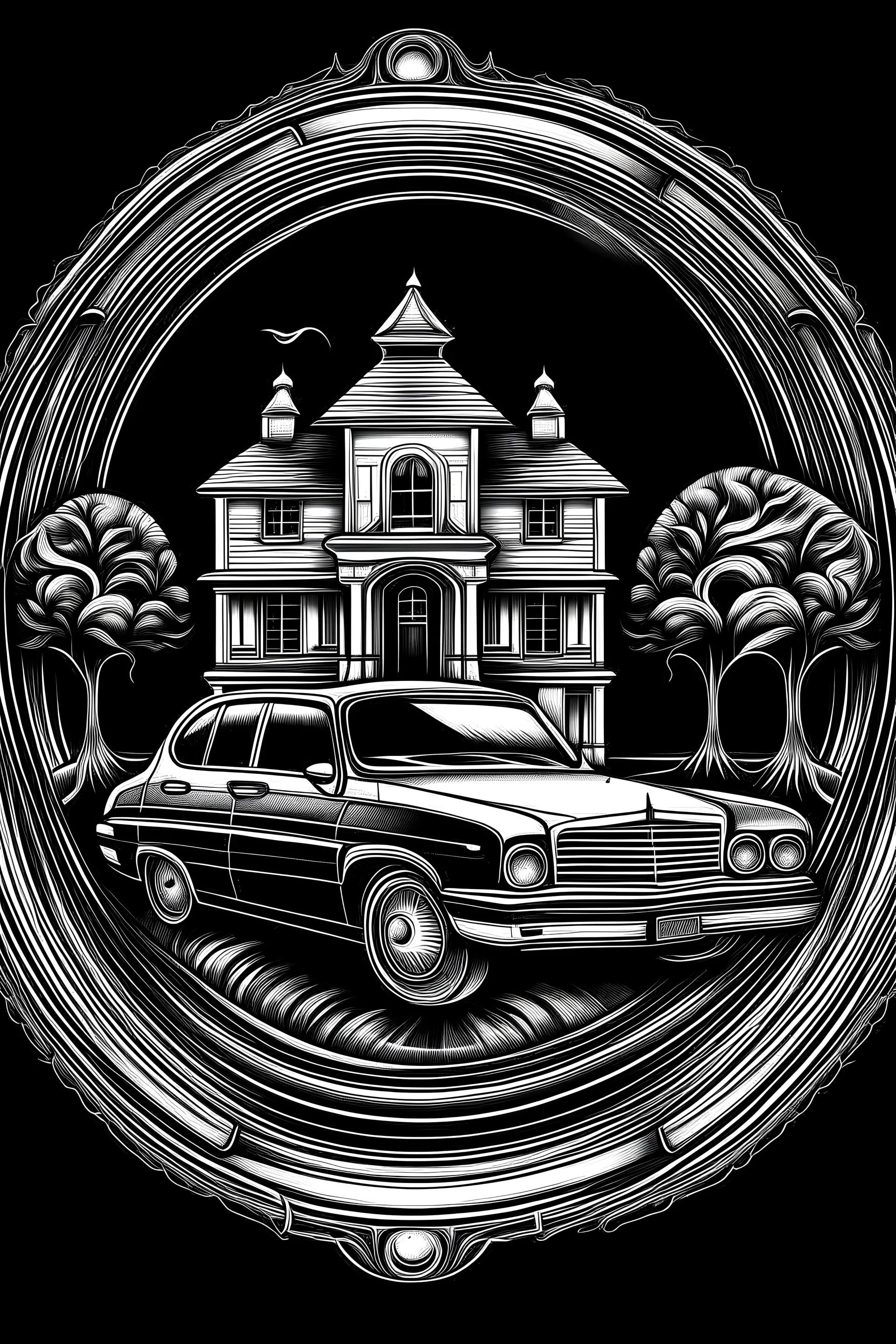 mandala : old car black and white home district background