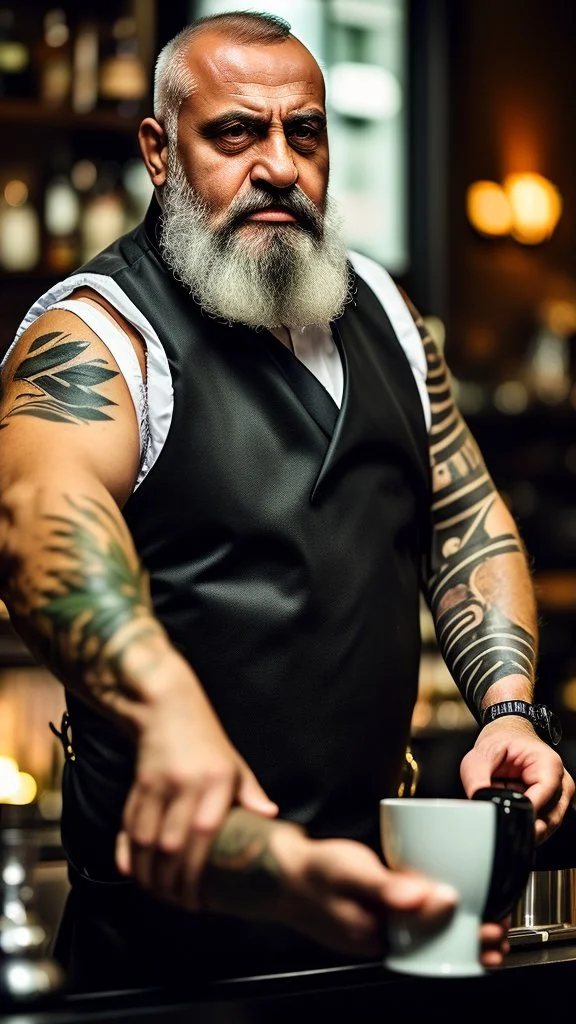 full figure photography of a turkish barman serving coffee, 62 years old, strong chubby man , bearded, in vest, shaved hairs, tattoo, serious eyes, photorealistic, Canon EOS, hyper-realistic, very detailed, emotive eyes, natural colours, sunlight