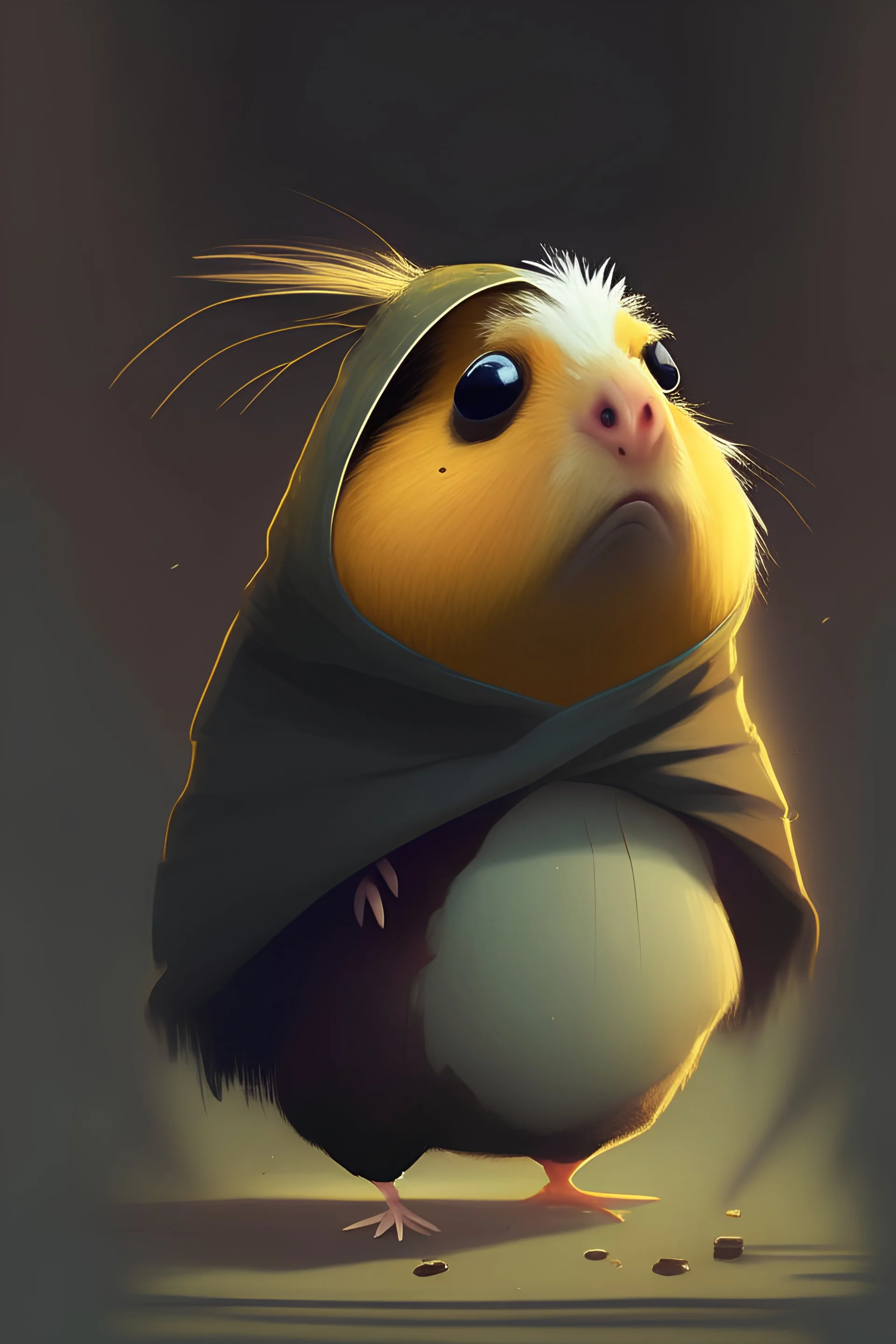 A guinea pig in the art style of little nightmares and another individual robin bird